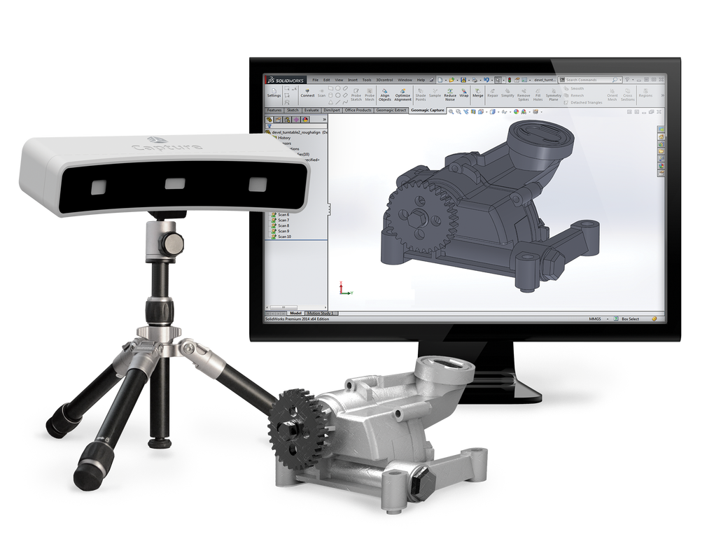 3D design setup with a 3D scanner, CAD software showing a modeled engine part, and a physical prototype