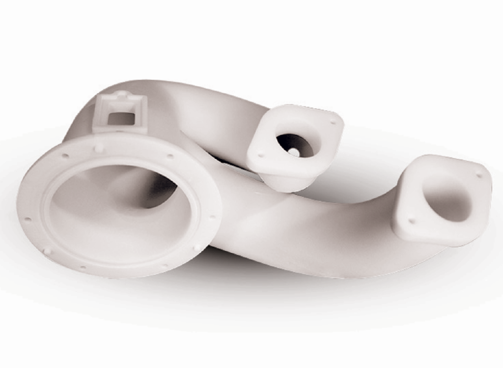 A white 3D-printed custom pipe part with smooth curves and precision design.