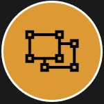 Black interconnected nodes forming a network-like structure, displayed on a circular gold background.